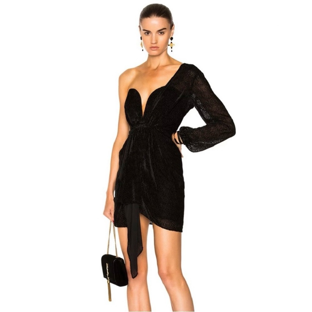 MICHELLE MASON REVOLVE BLACK DRAPED ONE-SHOULDER MINI DRESS